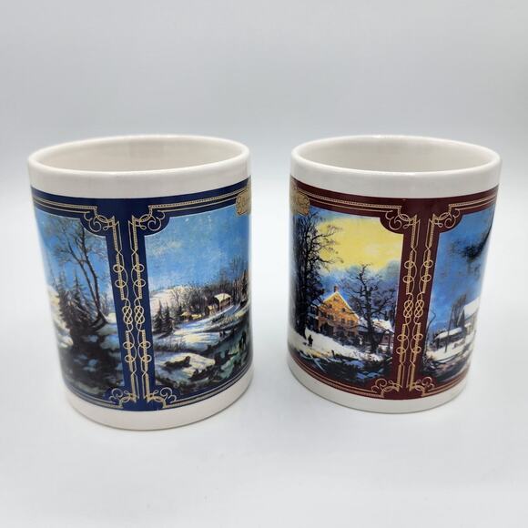 Vintage 1990 Currier & Ives Ceramic Coffee Mug Set, Country Winter Barn & Lake - Picture 2 of 8